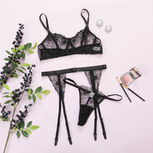Load image into Gallery viewer, 3 Pieces Set Women Sexy Floral Embroidery Underwear Perspective Erotic Bra and Briefs Set with Garter Sensual Lingerie Sex Set