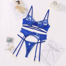 Load image into Gallery viewer, 3 Pieces Set Women Sexy Lingerie Embroidery Underwear Transparent Bra Adjustable Straps Temptation Erotic Sensual Underwear Set