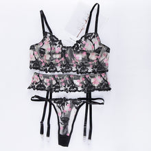 Load image into Gallery viewer, 3 Pieces Set Women Sexy Lingerie Floral Embroidery Underwear Transparent Bra Erotic Sets Temptation Erotic Sensual Underwear