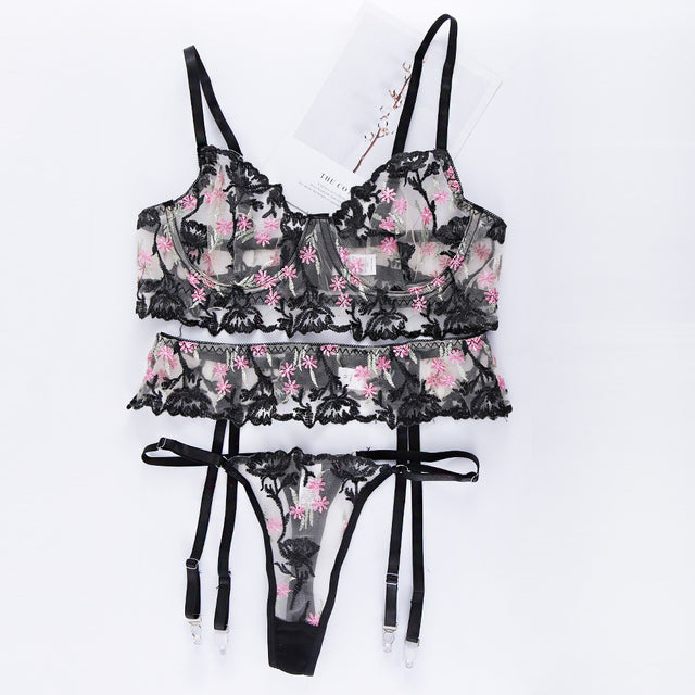 3 Pieces Set Women Sexy Lingerie Floral Embroidery Underwear Transparent Bra Erotic Sets Temptation Erotic Sensual Underwear
