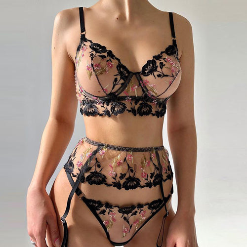 3 Pieces Set Women Sexy Lingerie Floral Embroidery Underwear Transparent Bra Erotic Sets Temptation Erotic Sensual Underwear