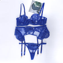 Load image into Gallery viewer, 3 Pieces Set Women Sexy Lingerie Mesh Embroidery Underwear See-Through Sensual Lingerie Exotic Bra and Brief Set with Garters