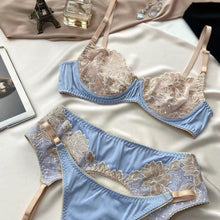 Load image into Gallery viewer, 3 Pieces Set Women Sexy Lingerie Set Garter Belts Floral Embroidery Underwire Bras Sex Panties Temptation Erotic Underwear Set