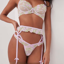 Load image into Gallery viewer, 3 Pieces Set Women Sexy Lingerie Underwear Set Thigh Garters Floral Embroidery Bra and Brief Set Temptation Erotic Underwear Set