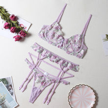 Load image into Gallery viewer, 3 Pieces Set Women Sexy Lingerie Underwear Set Thigh Garters Floral Embroidery Bra and Brief Set Temptation Erotic Underwear Set