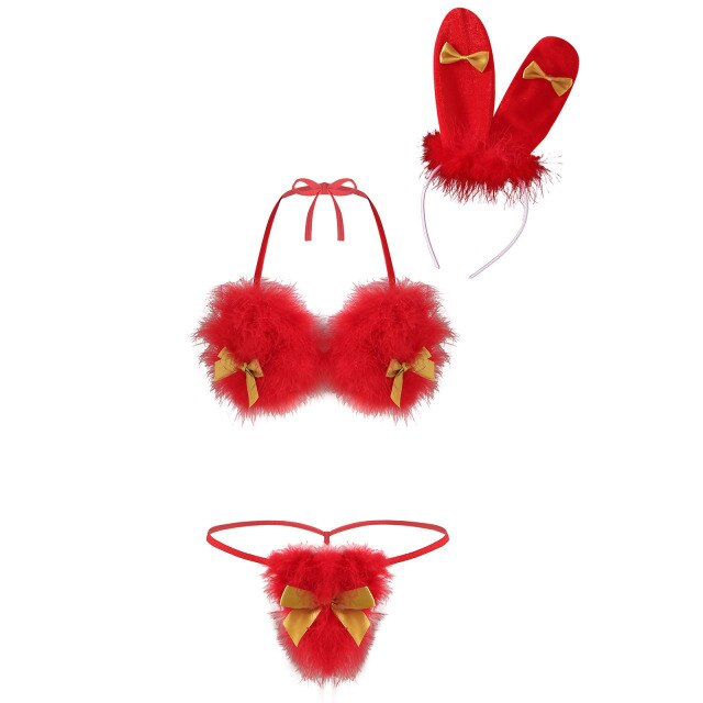 3 Pieces Women Christmas Lingerie Sets Erotic Babydolls Furry Pajamas Bra G-sting Thong Panties Underwear Set Sex Exotic Costume