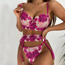 Load image into Gallery viewer, 3 Pieces Women Sexy Flower Embroidery Sensual Lingerie Underwear Exotic Costumes Bra and Brief Sets Perspective Erotic Garters
