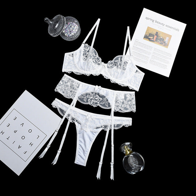 3 Pieces Women Sexy Lingerie Embroidery Bowknot Underwear Sensual Bra and Thong Garters Erotic See-Through Mesh Exotic Costumes