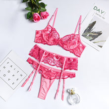 Load image into Gallery viewer, 3 Pieces Women Sexy Lingerie Embroidery Bowknot Underwear Sensual Bra and Thong Garters Erotic See-Through Mesh Exotic Costumes