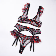 Load image into Gallery viewer, 3 Pieces Women Sexy Ruffled Embroidery Underwear See-Through Heart-Shaped Erotic Sensual Lingerie Underwire Exotic Bra and Thong