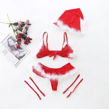 Load image into Gallery viewer, 3PC Women Christmas Hat Lingerie Set Bowknot Sexy Underwear Transparent Lace Bra Thong Garters Set Exotic Babydoll Sexy Costumes
