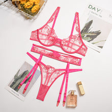 Load image into Gallery viewer, 3PCS Set Sexy Women&amp; Flower Embroidery Lace Underwear Lingerie Gathered Bra Garters and Panty Set Transparent Erotic Costumes