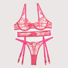 Load image into Gallery viewer, 3PCS Set Sexy Women&amp; Flower Embroidery Lace Underwear Lingerie Gathered Bra Garters and Panty Set Transparent Erotic Costumes