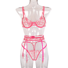 Load image into Gallery viewer, 3PCS Set Sexy Women&amp; Flower Embroidery Lace Underwear Lingerie Gathered Bra Garters and Panty Set Transparent Erotic Costumes