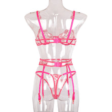 Load image into Gallery viewer, 3PCS Set Sexy Women&amp; Flower Embroidery Lace Underwear Lingerie Gathered Bra Garters and Panty Set Transparent Erotic Costumes