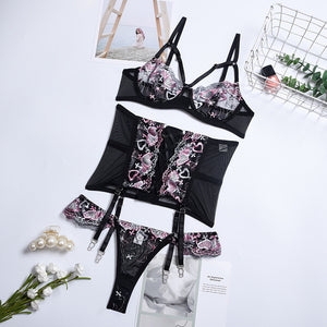 3PCS Sexy Women&#39;s Garter Erotic Sensual Lingerie Set Lace Ribbon Heart Adjustable See-through Thin Sexy Underwear Panties Set