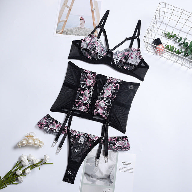 3PCS Sexy Women's Garter Erotic Sensual Lingerie Set Lace Ribbon Heart Adjustable See-through Thin Sexy Underwear Panties Set
