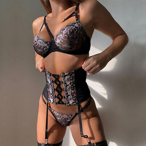 3PCS Sexy Women&#39;s Garter Erotic Sensual Lingerie Set Lace Ribbon Heart Adjustable See-through Thin Sexy Underwear Panties Set