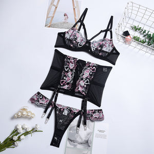 3PCS Sexy Women&#39;s Garter Erotic Sensual Lingerie Set Lace Ribbon Heart Adjustable See-through Thin Sexy Underwear Panties Set