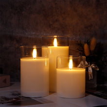Load image into Gallery viewer, 3Pcs Glass Wax Flameless Candles 3D Effect LED Candles White Wax Battery Candles with 8-Key Remote Control Home Decor