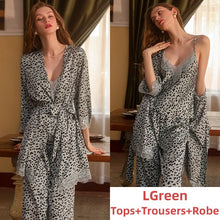 Load image into Gallery viewer, 3Piece Pamajas Sets for Women Leopard Print Lace Sleepwear Silk Robe Nightgown Camisole Backless Home Suit Sleep Tops Lingerie