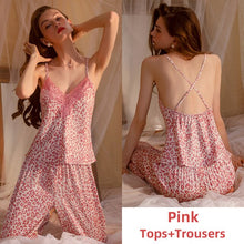 Load image into Gallery viewer, 3Piece Pamajas Sets for Women Leopard Print Lace Sleepwear Silk Robe Nightgown Camisole Backless Home Suit Sleep Tops Lingerie