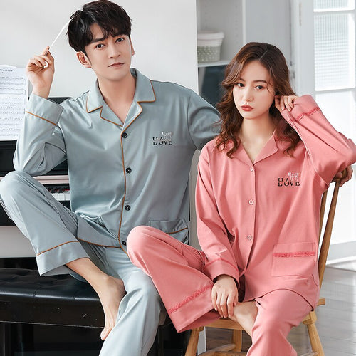 3XL Lovers Pajamas New Fashion Mens Womens Loungewear 100% Cotton Sleepwear Spring Autumn Long Sleeve Soild Couple's Nightwear