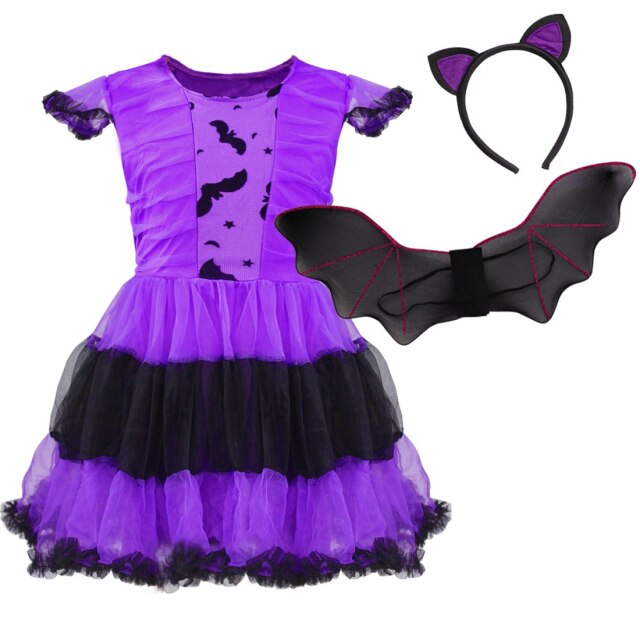 3pcs Kid Girl Purple Bat Vampire Princess Dress Fancy Cosplay Costume Witch Dress with Wing Headband Halloween Role Play Clothes