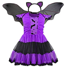 Load image into Gallery viewer, 3pcs Kid Girl Purple Bat Vampire Princess Dress Fancy Cosplay Costume Witch Dress with Wing Headband Halloween Role Play Clothes