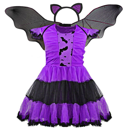 3pcs Kid Girl Purple Bat Vampire Princess Dress Fancy Cosplay Costume Witch Dress with Wing Headband Halloween Role Play Clothes