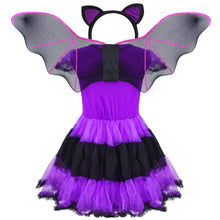 Load image into Gallery viewer, 3pcs Kid Girl Purple Bat Vampire Princess Dress Fancy Cosplay Costume Witch Dress with Wing Headband Halloween Role Play Clothes