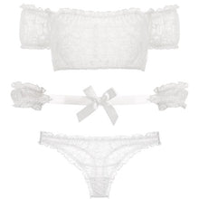 Load image into Gallery viewer, 3pcs Women Pajamas Lace Lingerie Strapless Short Sleeve Tops with Panty Sexy Pajama Set Summer Sleepwear Female Nightgown