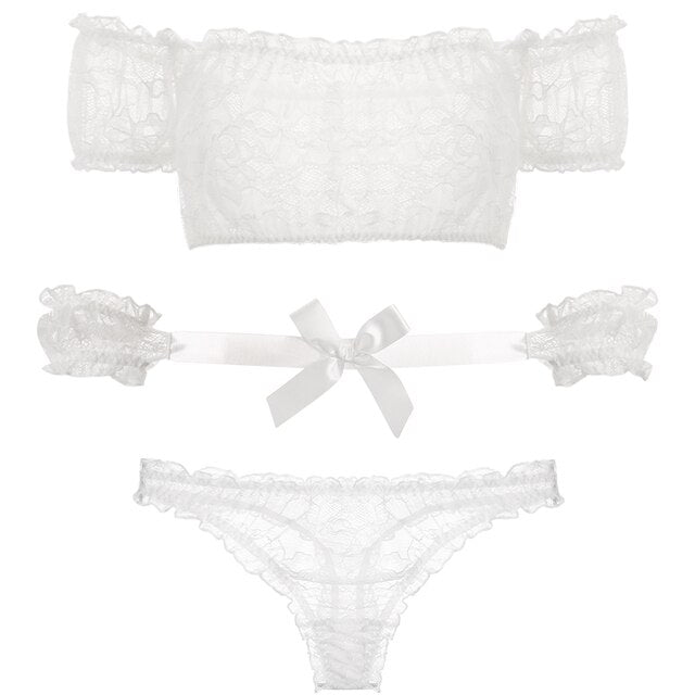 3pcs Women Pajamas Lace Lingerie Strapless Short Sleeve Tops with Panty Sexy Pajama Set Summer Sleepwear Female Nightgown