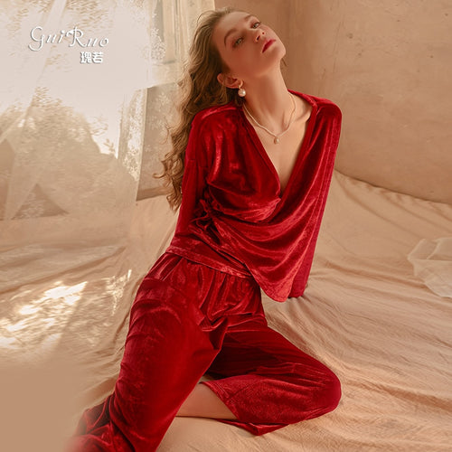 4 Color Spring Vintage Elegant Velvet Sleepwear Women Sexy Solid Deep V Pajama Two Piece Set Lace-up Top + Trousers Home Suit