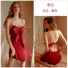Load image into Gallery viewer, 4 Color Sweet Girl Bowknot Suspender Nightdress Sexy Lace See-through Halter Erotic Lingerie Women Summer Satin Ice Silk Pajamas