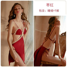 Load image into Gallery viewer, 4 Colors Satin Lace Backless High Split Mini Nightgown Thong Set Women Temptation Pornography Lingerie Nightdress Home Clothes