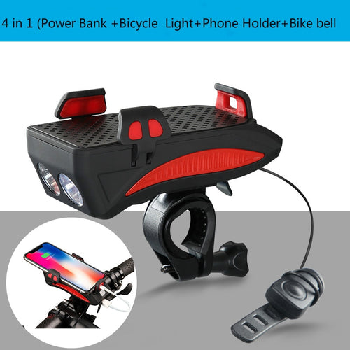 4 In 1 Bike Front Light Phone Holder Handlebar Stand with Bike Bell Function Power Bank Bicycle Lamp Flashlight for MTB Bike