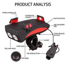 Load image into Gallery viewer, 4 In 1 Bike Front Light Phone Holder Handlebar Stand with Bike Bell Function Power Bank Bicycle Lamp Flashlight for MTB Bike