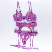 Load image into Gallery viewer, 4 Piece Set Floral Embroidery Erotic Lingerie Set Woman Transparent Sensual Lingerie Underwear Bra and Brief Set Exotic Costumes