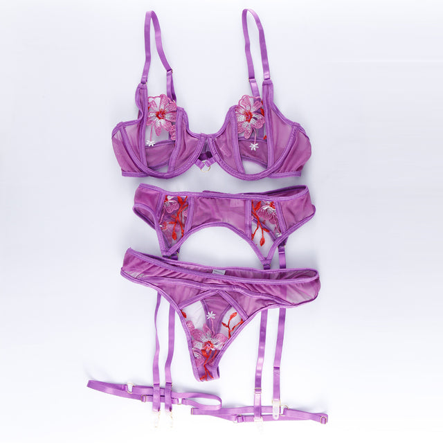 4 Piece Set Floral Embroidery Erotic Lingerie Set Woman Transparent Sensual Lingerie Underwear Bra and Brief Set Exotic Costumes