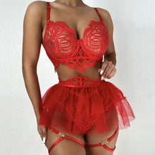 Load image into Gallery viewer, 4 Pieces Set Red Sensual Lingerie Sexy Ruffled Underwear Push Up with Garters Exotic Costumes Erotic Porn Intimate Underwear Set
