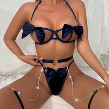 Load image into Gallery viewer, 4 Pieces Set Sensual Lingerie Woman Hollow Out Bowknot Crystal Exotic Costumes Halter See Through Bra Porn Garters Erotic Sets