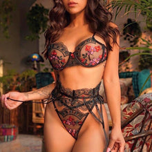 Load image into Gallery viewer, 4 Pieces Set Women Sexy Embroider Sensual Lingerie Underwear Lace Flower Erotic Costumes Bra Transparent Exotic Underwire