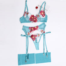Load image into Gallery viewer, 4 Pieces Set Women Sexy Embroider Sensual Lingerie Underwear Lace Flower Erotic Costumes Bra Transparent Exotic Underwire