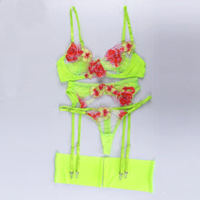 Load image into Gallery viewer, 4 Pieces Set Women Sexy Embroidery Sensual Lingerie Underwear Lace Flower Erotic Underwire Bra Transparent Exotic Underwear