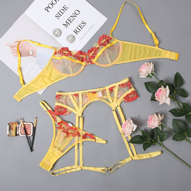 4 Pieces Set Women Sexy Lingerie Underwear Set Thigh Garters Floral Embroidery Bra and Panty Mesh Erotic Sex Underwear Set