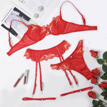 Load image into Gallery viewer, 4 Pieces Set Women Sexy Lingerie Underwear Set Thigh Garters Flower Embroidery Bra and Panty Temptation Erotic Underwear Set