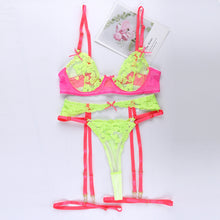 Load image into Gallery viewer, 4 Pieces Set Women Sexy Neon Lace Embroidery Underwear Garter See-Through Erotic Costumes Sensual Lingerie Exotic Underwire Suit