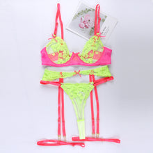 Load image into Gallery viewer, 4 Pieces Set Women Sexy Neon Lace Embroidery Underwear Garter See-Through Erotic Costumes Sensual Lingerie Exotic Underwire Suit