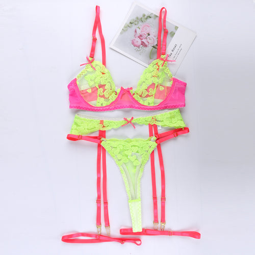 4 Pieces Set Women Sexy Neon Lace Embroidery Underwear Garter See-Through Erotic Costumes Sensual Lingerie Exotic Underwire Suit
